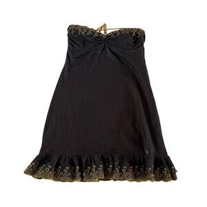 Vtg Y2K 2000s Denim Strapless Gold Embroidered Mini Dress Sz M